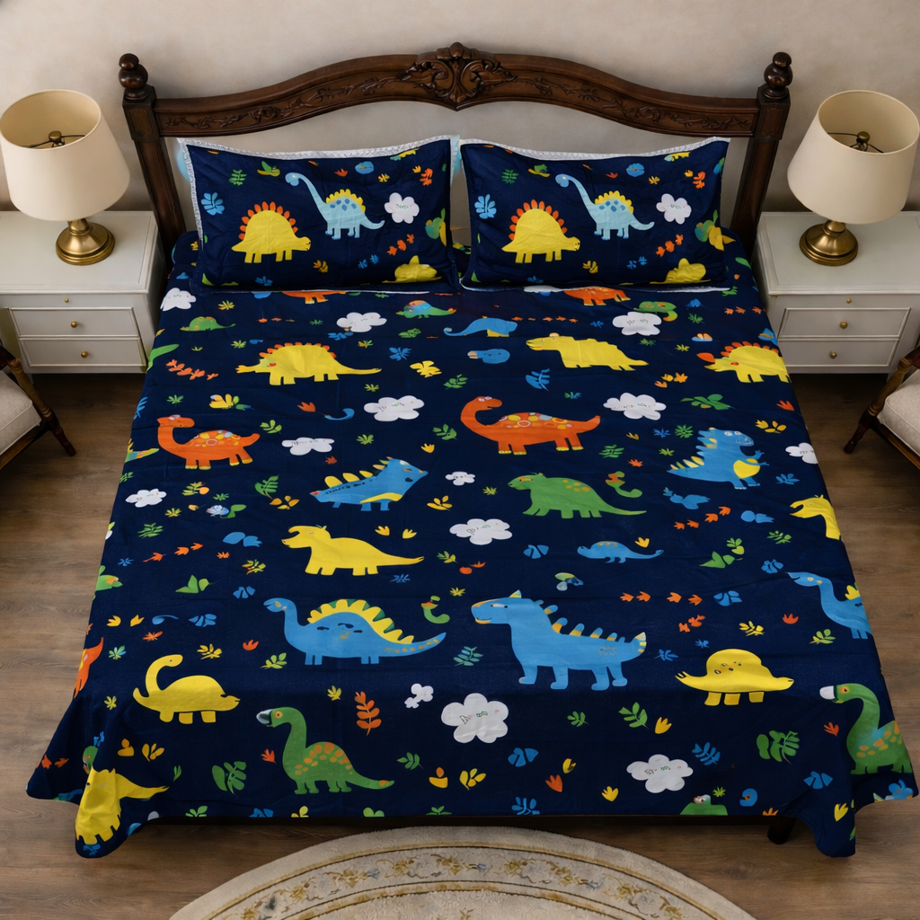 Dino Dreams Kids Bedsheet Set – Navy Blue | Cute Dinosaur Print | Soft Cotton Bedding for Kids